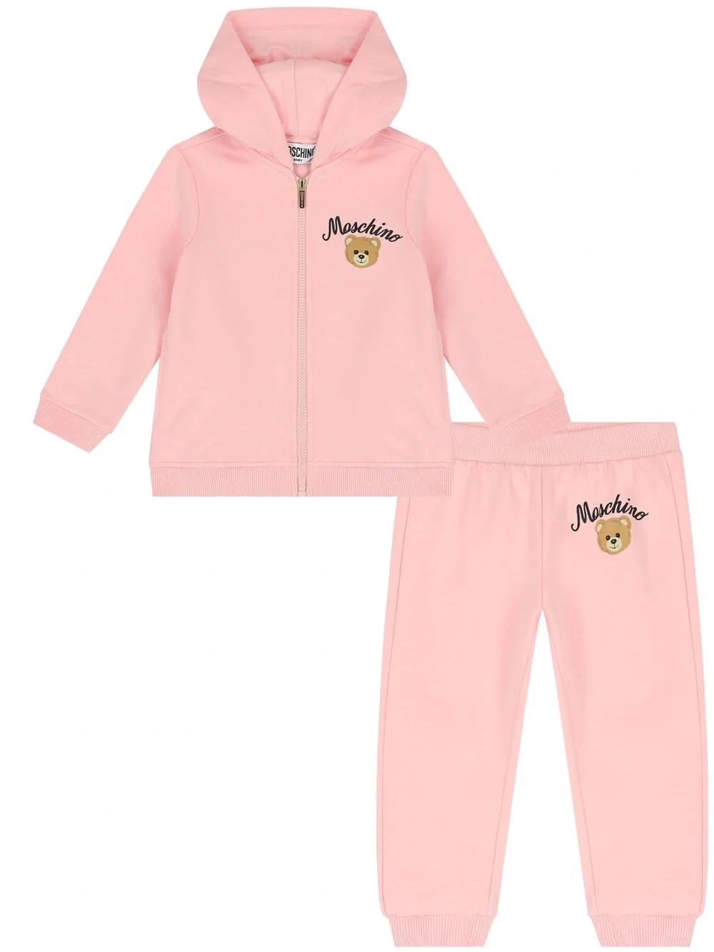 Moschino Baby Pink Hooded Zip-Front Track Suit Set with Teddy Bear Logo